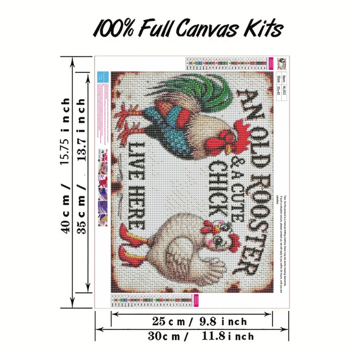 Diamond painting kit featuring a rooster and chick with text 'Live Here An Old Rooster & A Cute Chick'. Includes size and item number.