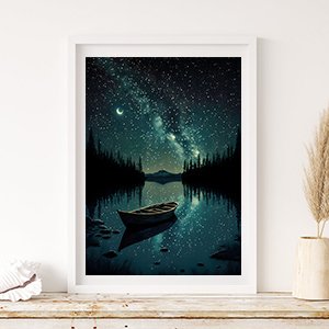 Framed 5D diamond painting kit of a starry night canoe lake landscape, displayed on a shelf.