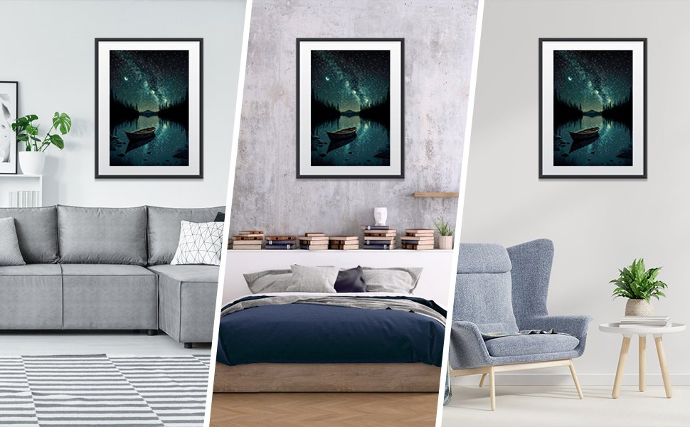 Framed starry night landscape artwork displayed in three different room settings: living room, bedroom, and armchair area.