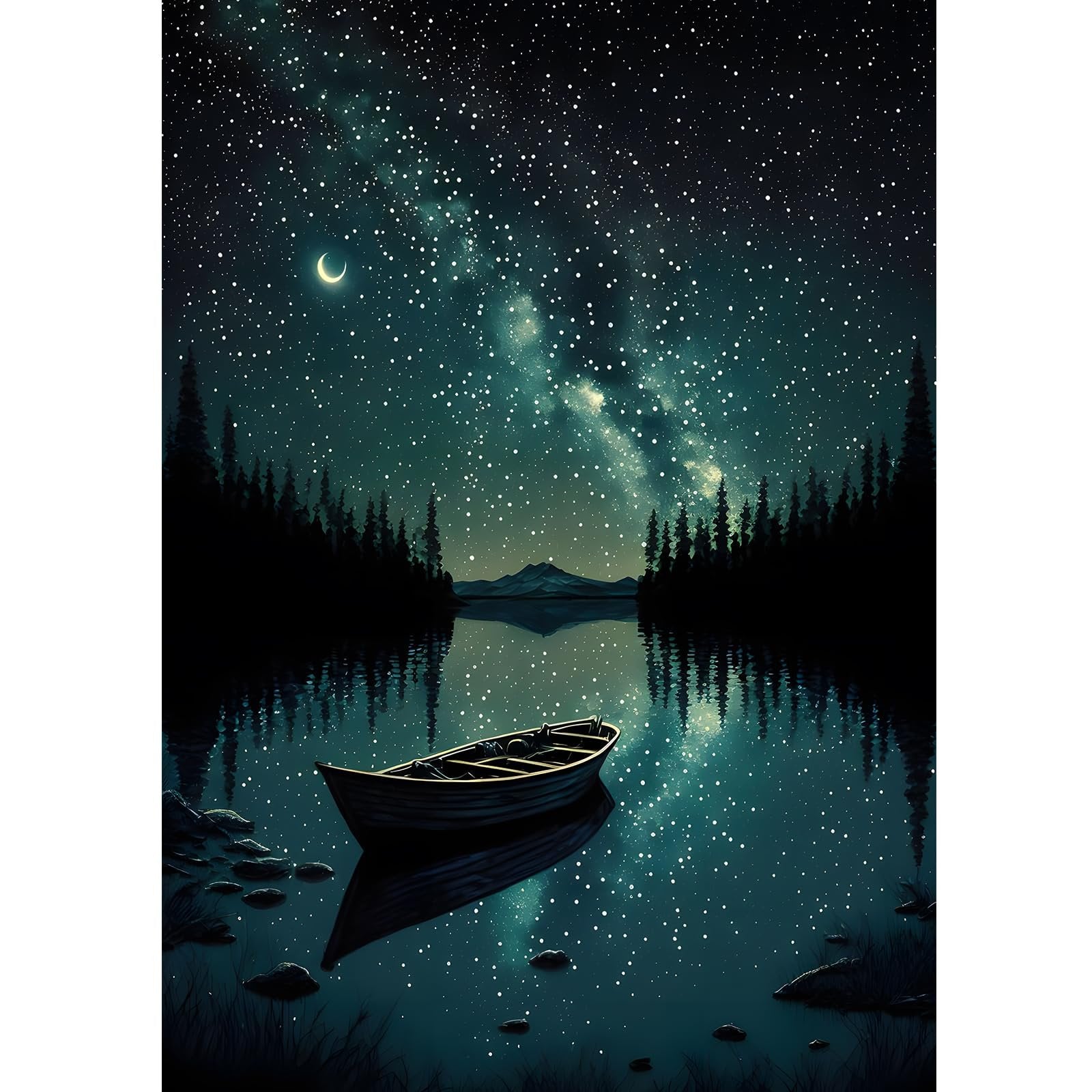 Diamond painting kit featuring a starry night sky over a lake with a canoe and crescent moon.
