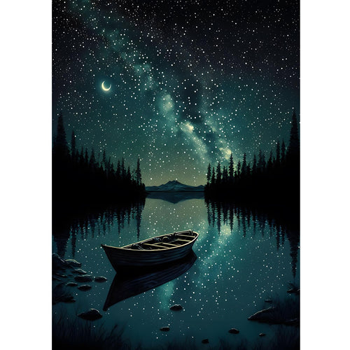 Diamond painting kit featuring a starry night sky over a lake with a canoe and crescent moon.