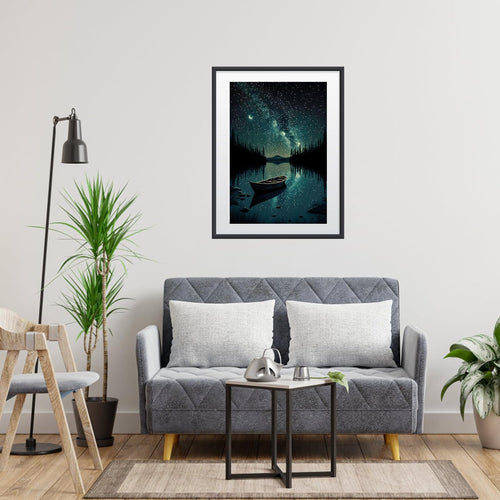Framed diamond painting of a canoe on a lake under a starry night sky, displayed in a living room setting.