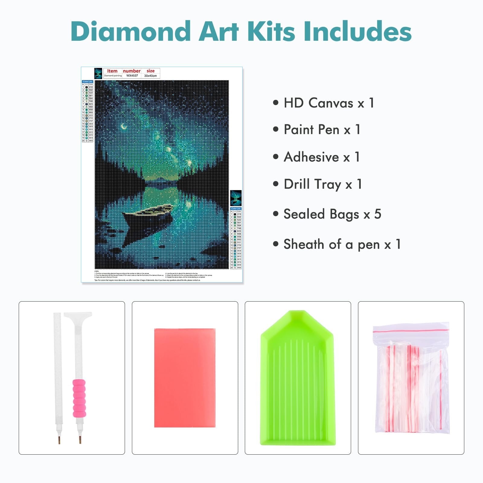 Diamond painting kit contents including canvas, paint pen, adhesive, drill tray, sealed bags, and pen sheath.