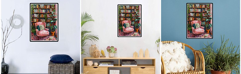 Diamond painting of a pink armchair in front of a bookshelf, displayed in a living room setting.