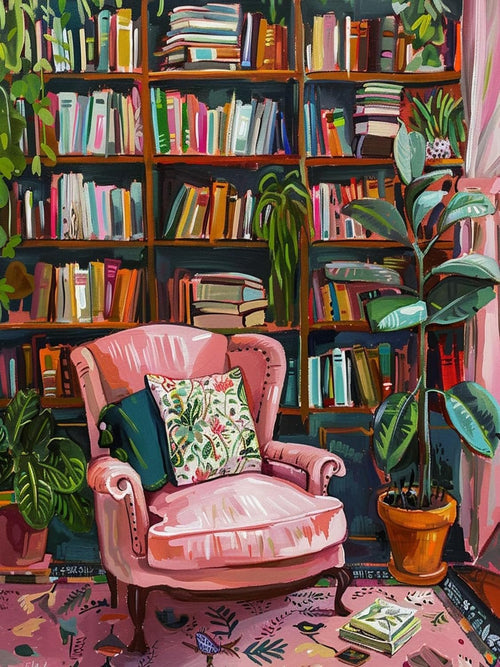 Cozy reading nook with a pink armchair, bookshelves filled with books, and potted plants.