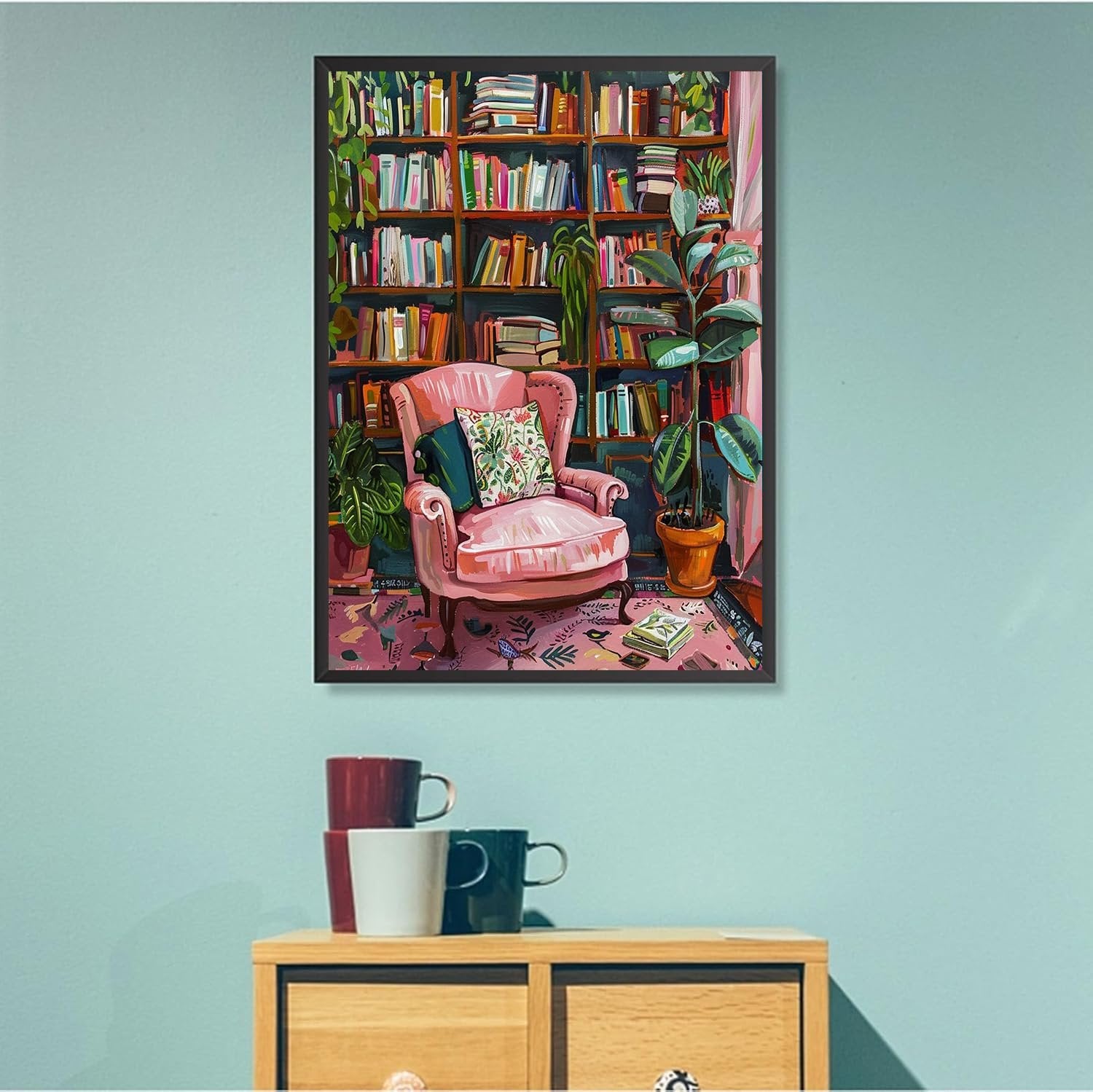 Diamond painting kit depicting a cozy reading nook with a pink armchair, bookshelves, and plants.
