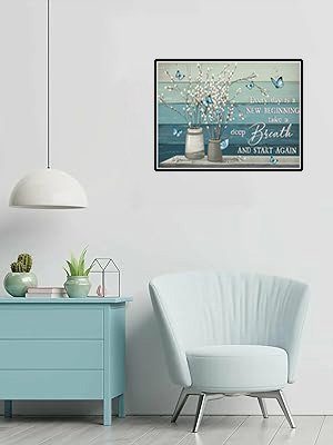 Diamond painting kit with white flowers in vases and blue butterflies, featuring inspirational text.