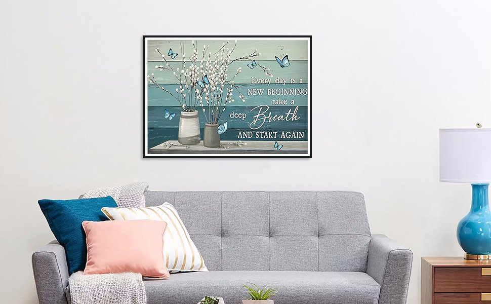 Diamond painting canvas with blue butterflies and floral branches, featuring inspirational text about new beginnings.