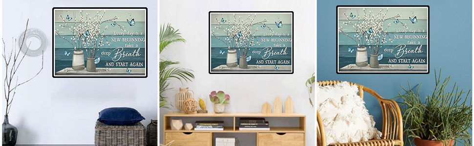 Diamond painting canvas with white flowers and blue butterflies, featuring inspirational text about new beginnings and breathing.