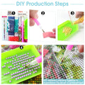 Diamond painting kit steps showing diamond sorting, placement with pen, and finished section.