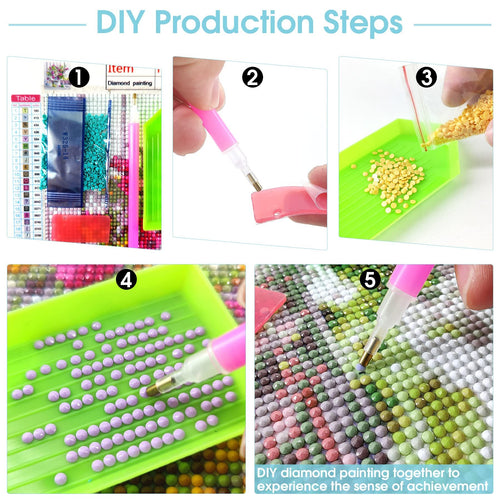 Diamond painting kit steps showing diamond sorting, placement with pen, and finished section.