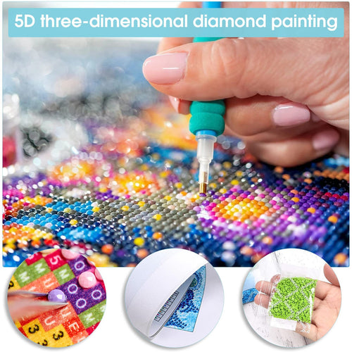 Close-up of a hand applying colorful diamonds to a canvas with a tool, showing detail of the process and included materials.
