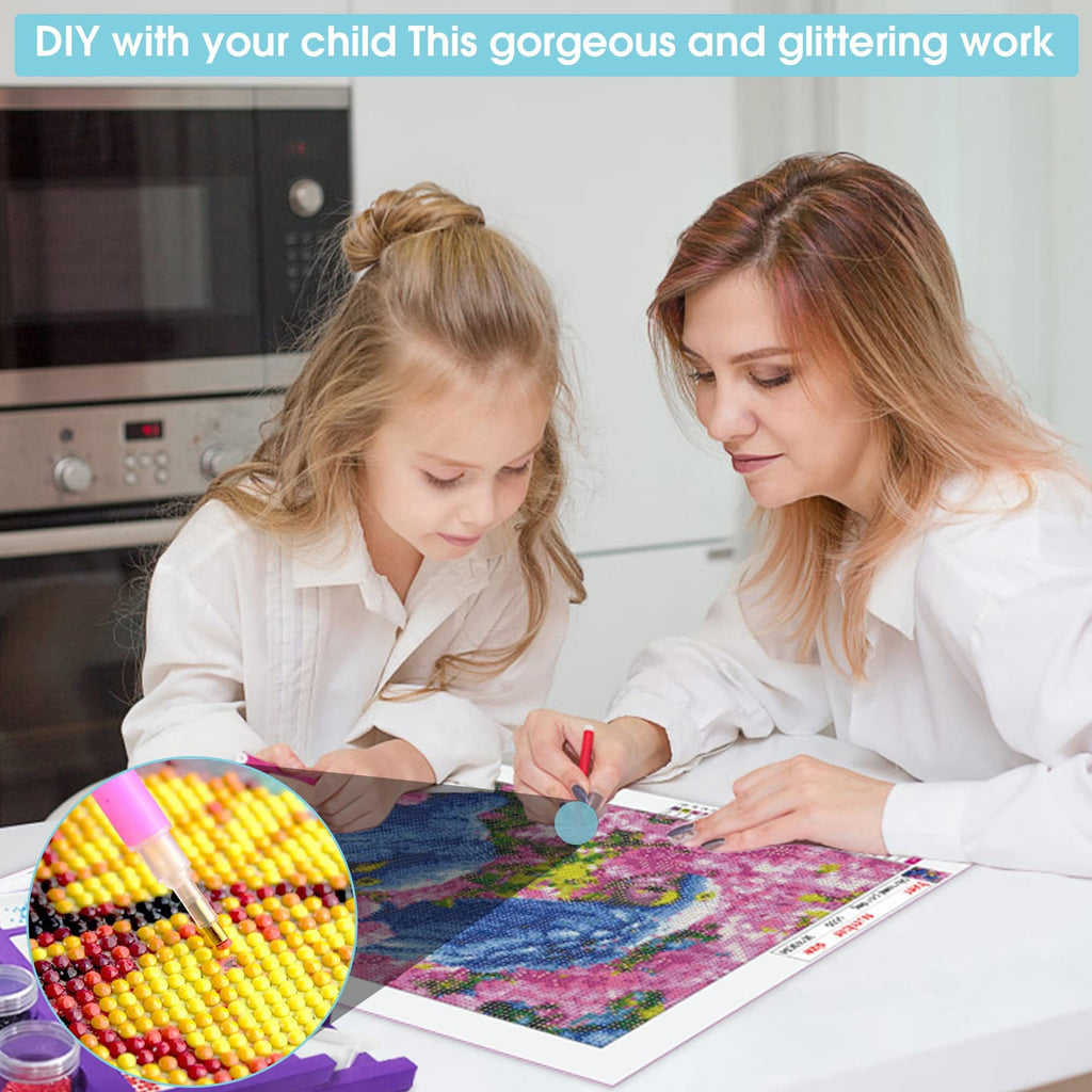 Mother and daughter doing a diamond painting kit of a blue bird on a pink floral background.