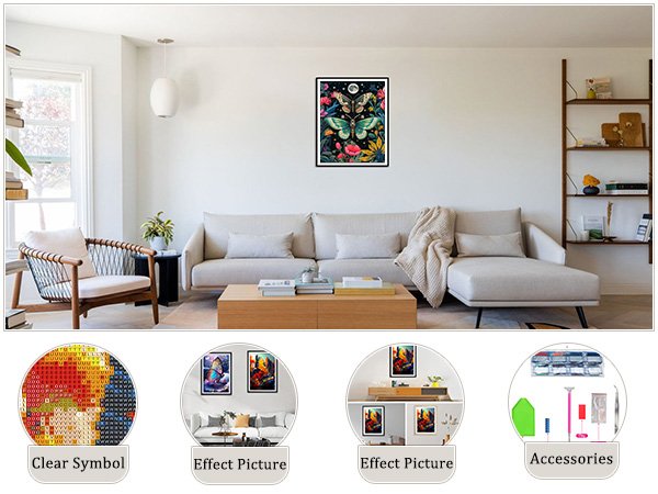 Living room scene with a diamond art kit displayed on the wall above a sofa, with inset images showing kit details and accessories.