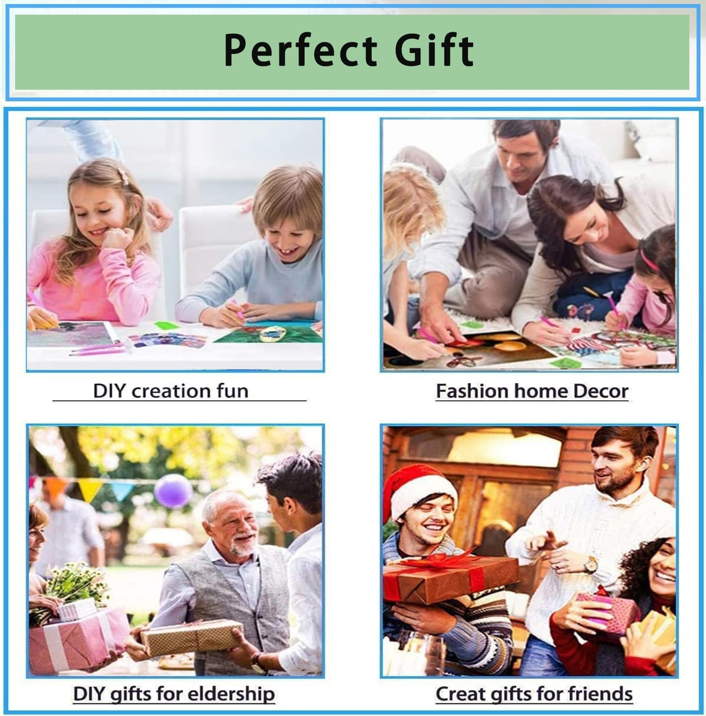 Collage of four scenes showing people enjoying diamond art kits and giving gifts, with text overlays.