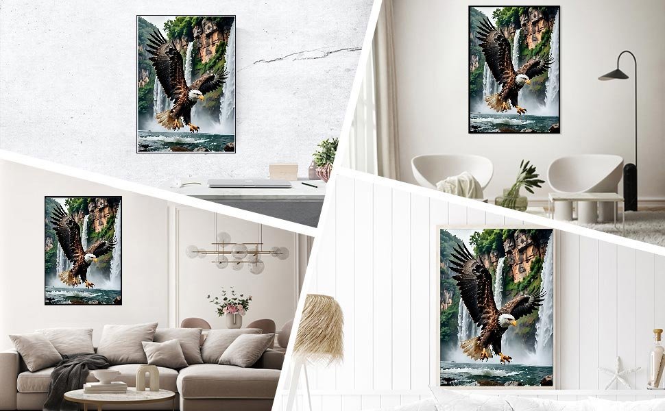 Diamond art painting of a bald eagle in flight above a waterfall, displayed in various room settings.