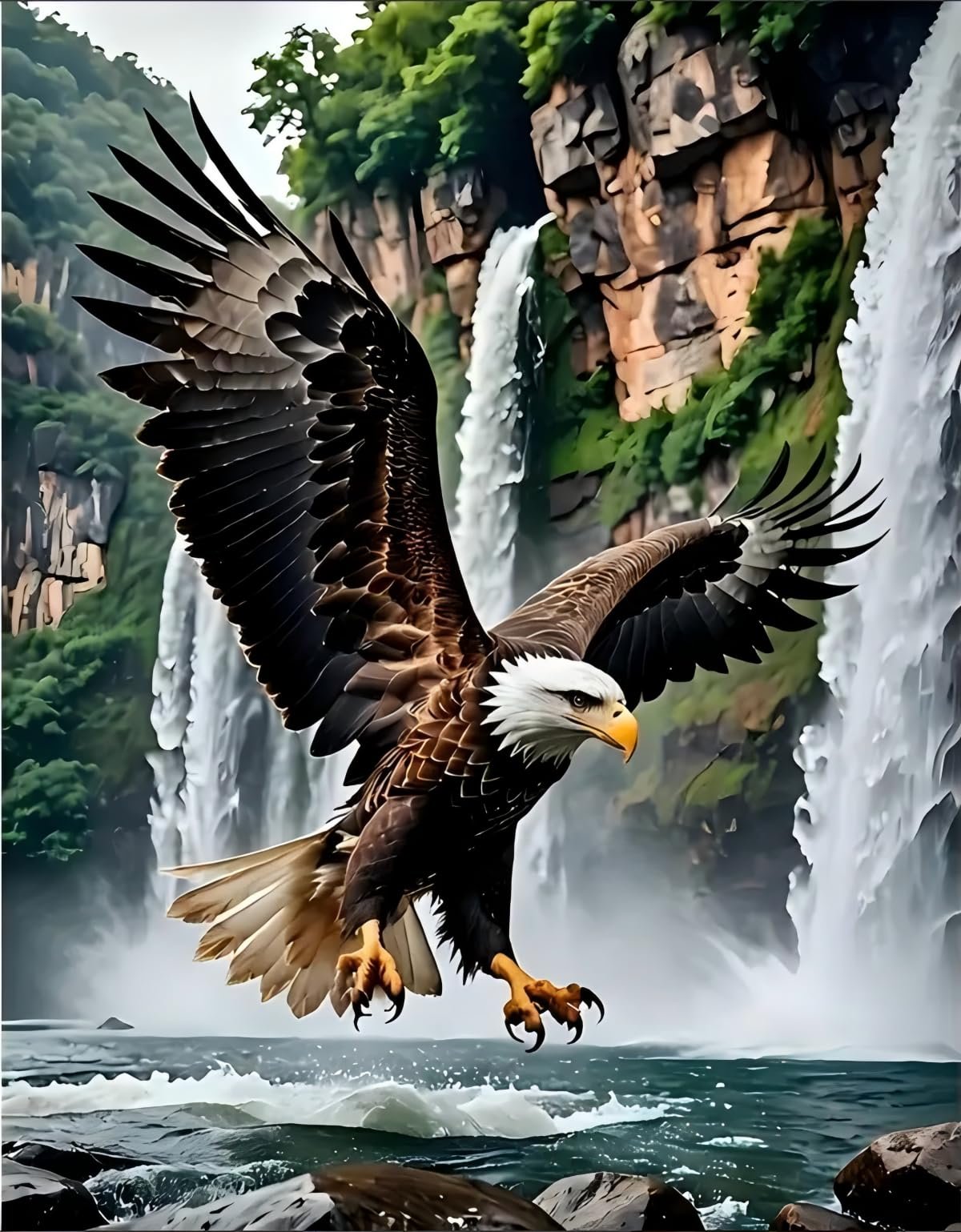 Bald eagle in flight over choppy water with waterfalls and lush green cliffs in the background.