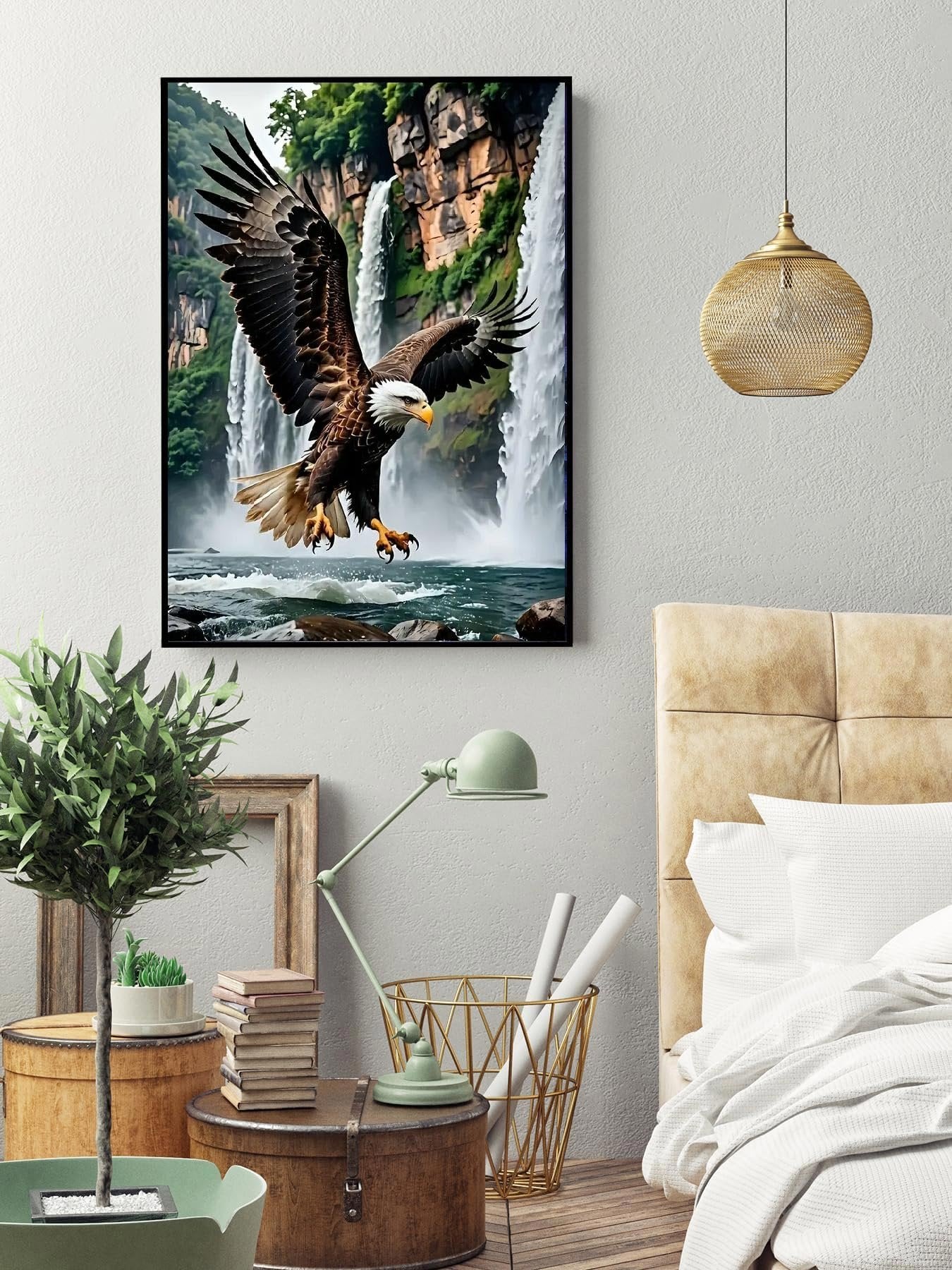 Diamond painting kit featuring a bald eagle in flight over a waterfall, displayed in a bedroom setting.