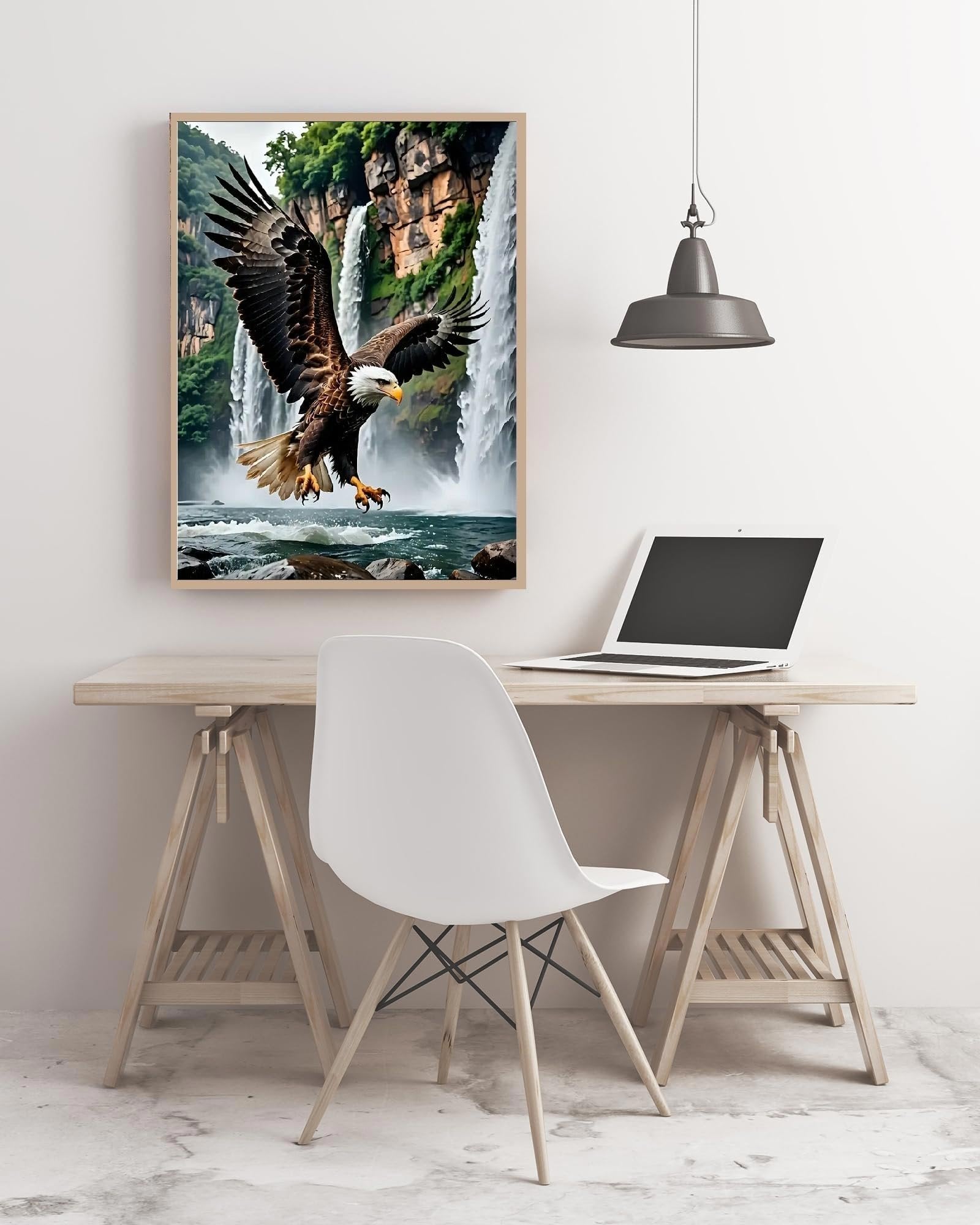 Framed diamond art kit featuring a bald eagle in flight over waterfalls, displayed in a home office setting.