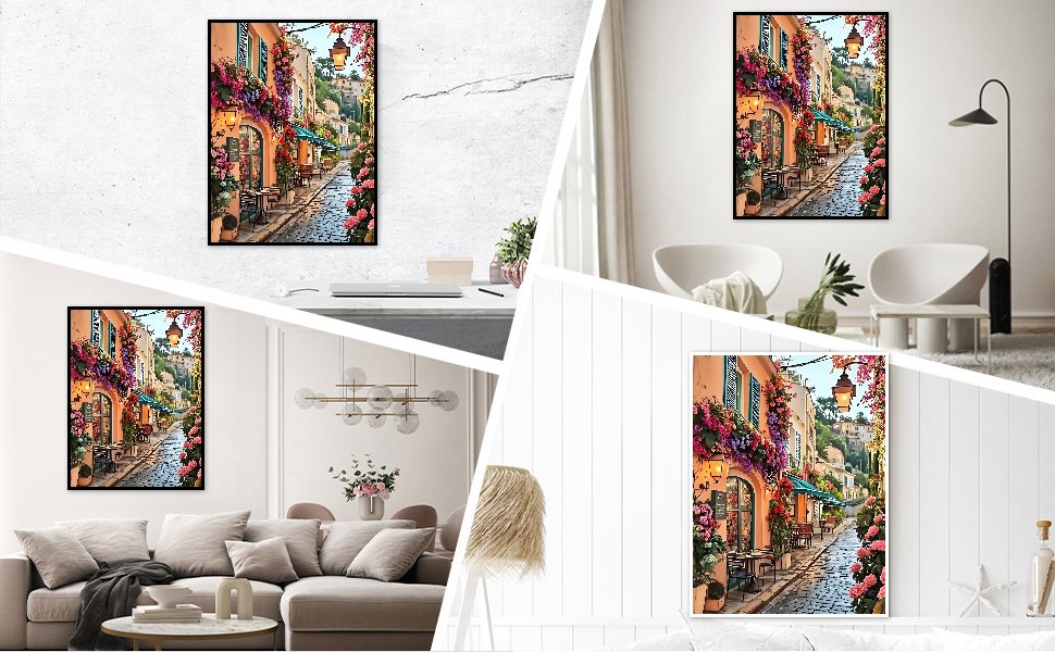 Diamond painting of a European street scene with flowers and cafes, displayed in various room settings.
