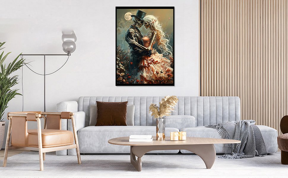 Diamond art painting of a skeleton couple embracing in a garden setting with a full moon.