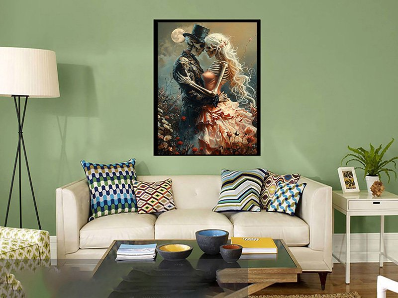 Diamond art painting of a skeleton couple embracing in a garden setting with a full moon.