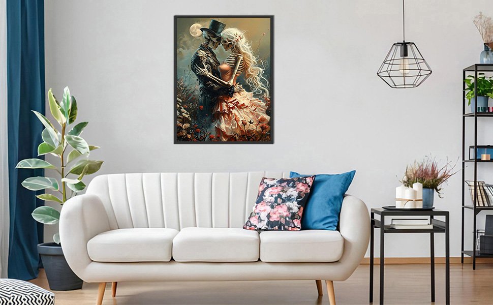 Diamond art painting of a skeleton couple embracing under a full moon, surrounded by flowers.