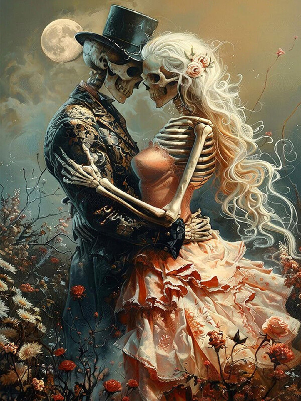 Skeleton couple in formal attire embracing under a full moon, surrounded by flowers.