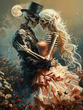 Skeleton couple in formal attire embracing under a full moon, surrounded by flowers.
