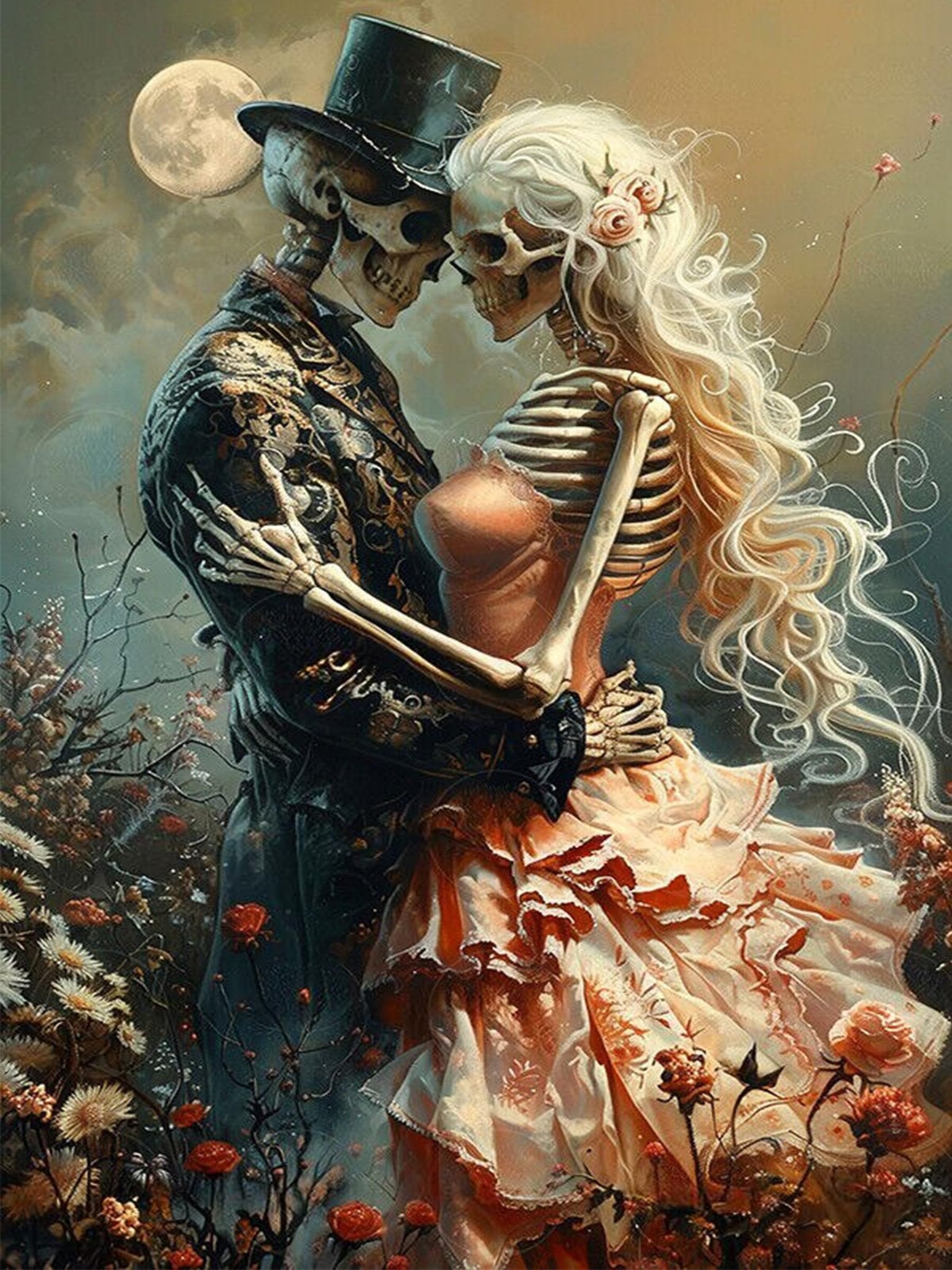 Skeleton couple in formal attire embracing under a full moon, surrounded by flowers.