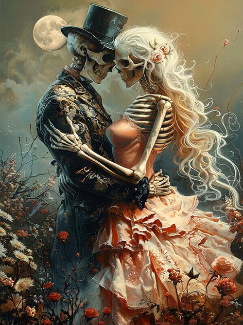 Skeleton couple in formal attire embracing under a full moon, surrounded by flowers.