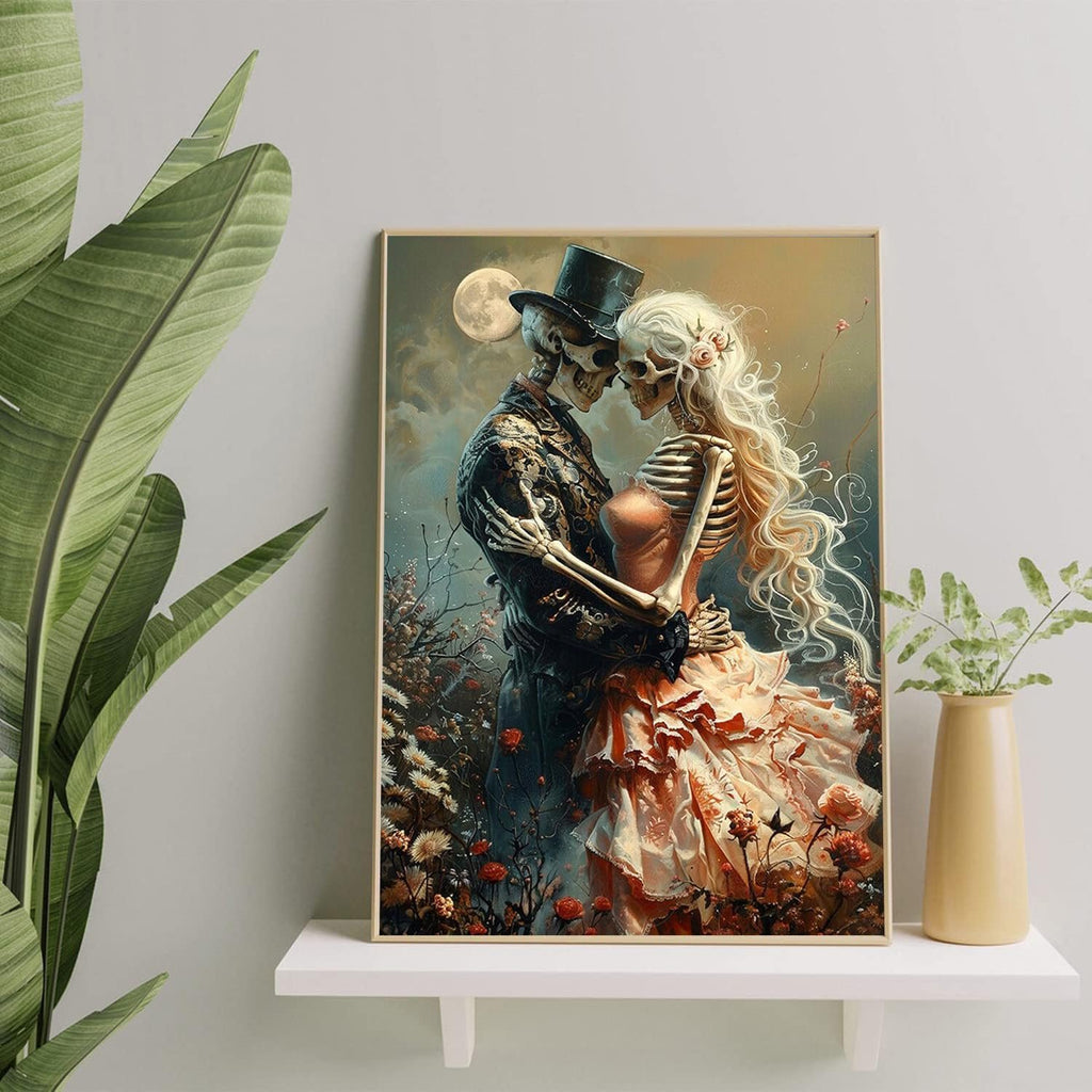 Diamond art kit painting of skeletons in formal attire embracing under a full moon with flowers.