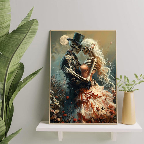 Diamond art kit painting of skeletons in formal attire embracing under a full moon with flowers.
