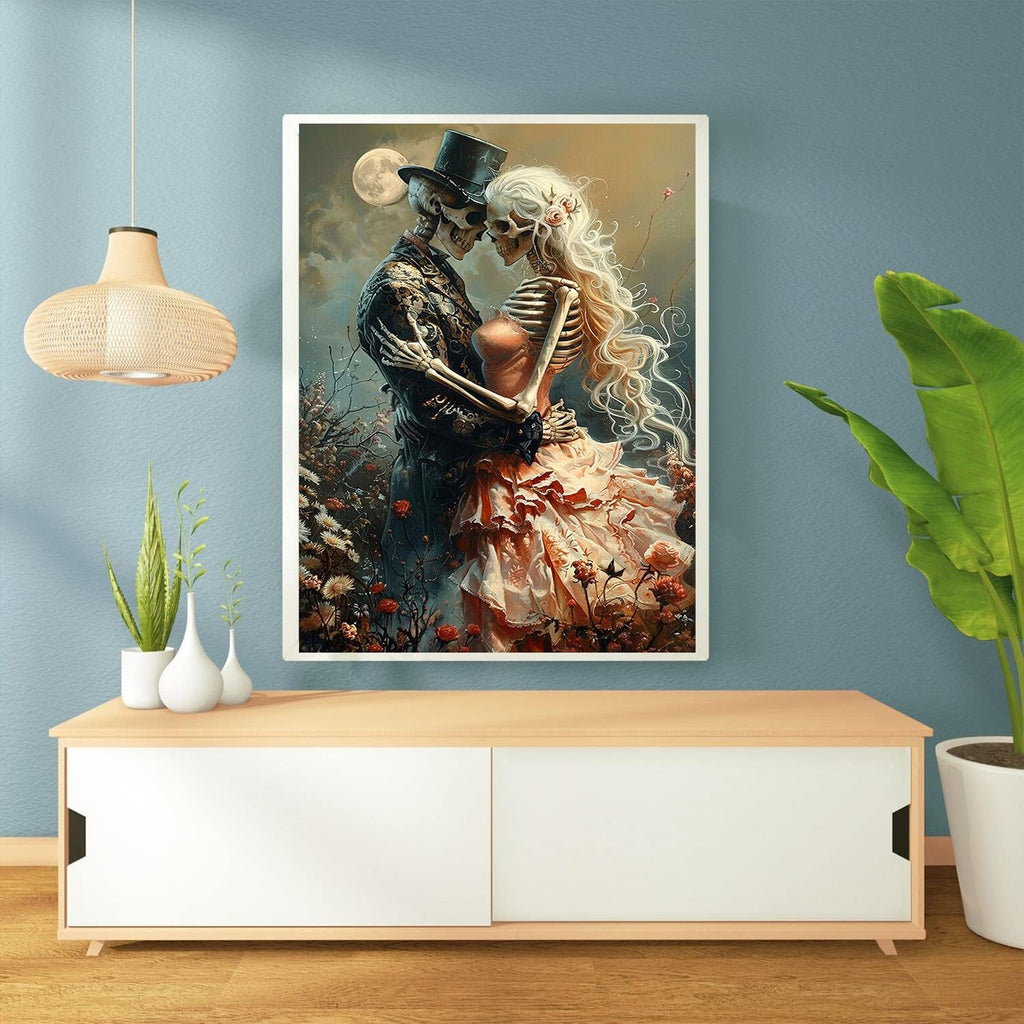 Diamond painting kit art of a skeleton couple embracing under a full moon, displayed on a wall above a cabinet.