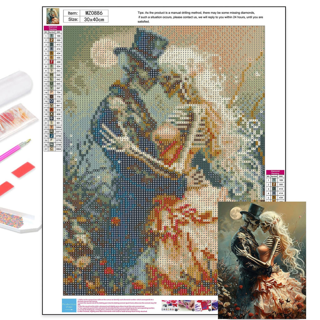 Diamond painting kit showing a skeleton couple embracing under a full moon, with a color/symbol chart and instructions.