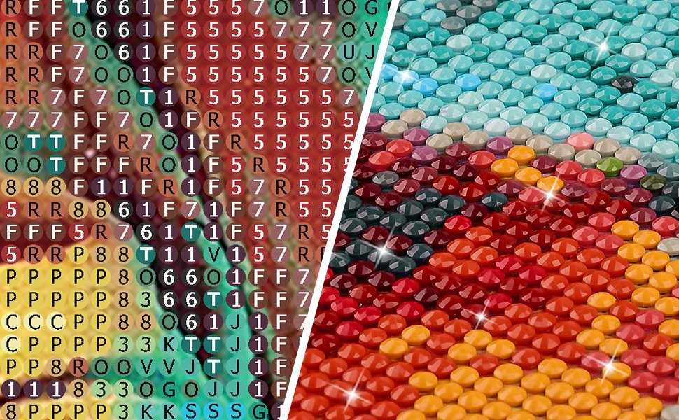 Diamond painting canvas with color-coded symbols and rows of colorful round diamonds.
