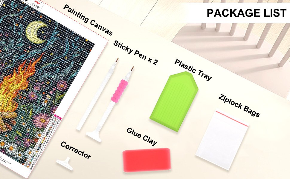 Diamond painting kit contents including canvas, sticky pens, plastic tray, glue clay, ziplock bags, and corrector tool.