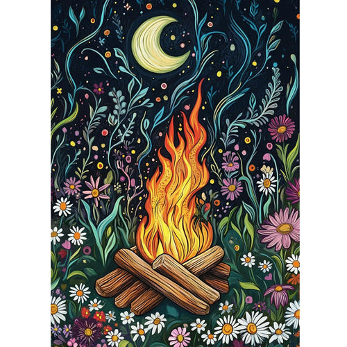 Diamond painting kit design of a campfire with logs surrounded by flowers and a crescent moon at night.