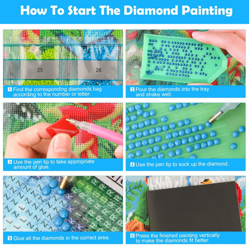 Diamond painting tutorial showing 6 steps: finding diamond bags, pouring diamonds into tray, using glue pen, picking up diamonds, gluing diamonds, and pressing finished painting.