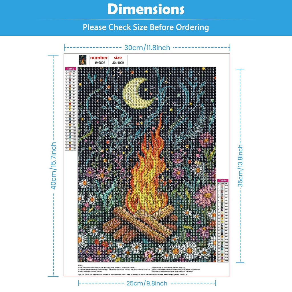 Diamond painting kit showing a campfire scene with a moon and flowers, with a color/symbol key and instructions.