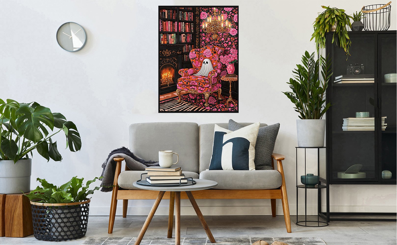 Diamond art kit painting of a ghost sitting in a floral armchair in a library setting, displayed in a living room.