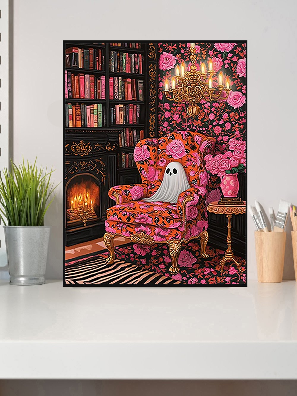 Diamond art kit showing a ghost sitting in an ornate armchair in a library with a fireplace and chandelier.
