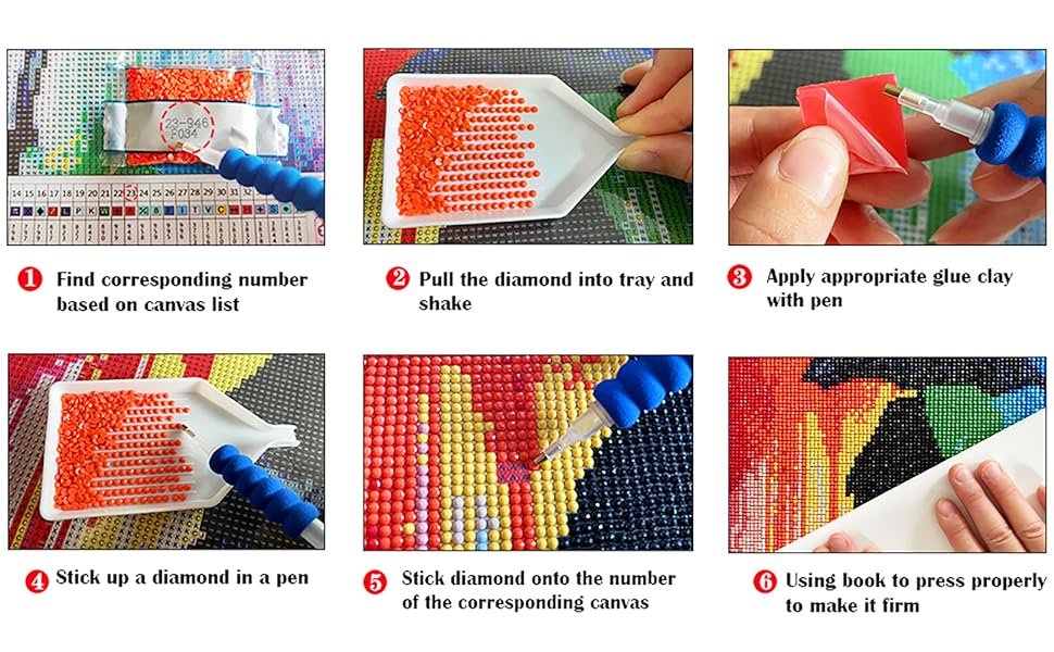 Diamond painting kit instructions showing six steps: finding numbers, shaking diamonds, applying glue, picking up diamonds, placing diamonds, and pressing the finished art.