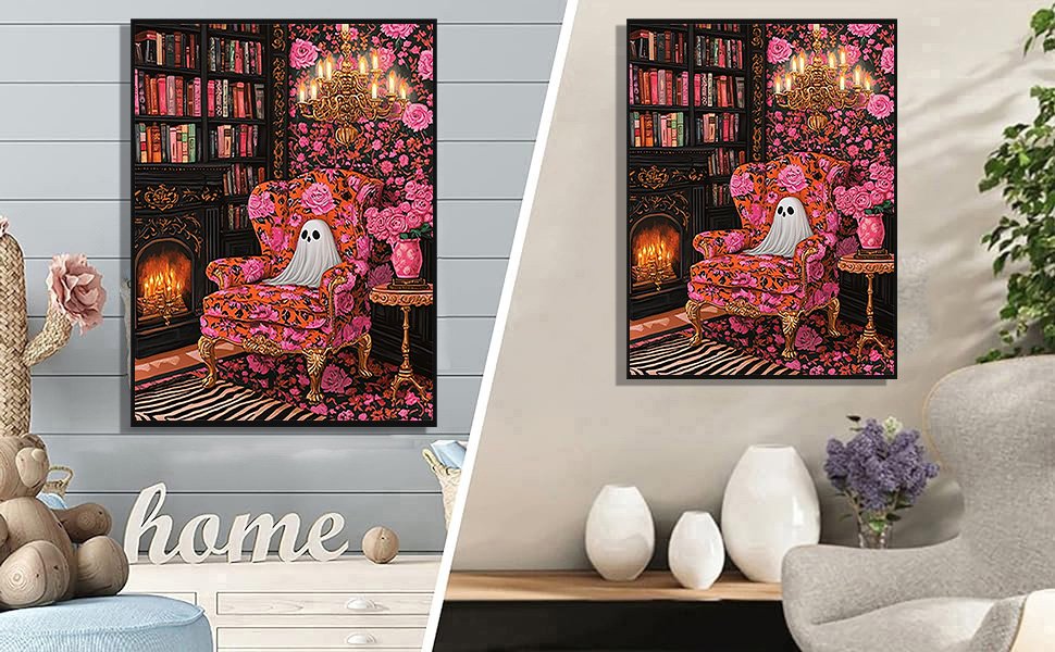 Diamond art painting of a ghost sitting in an ornate chair in a library setting with a fireplace and chandelier.