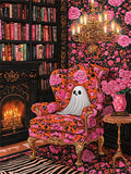 Diamond art kit featuring a ghost sitting in an ornate chair in a library setting with a fireplace and chandelier.