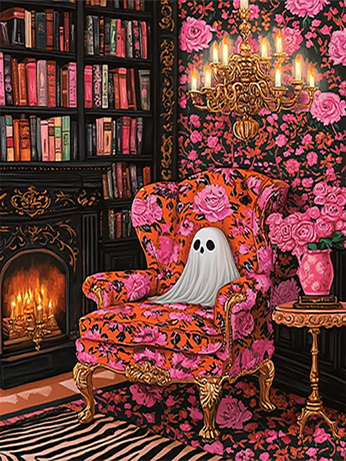 Diamond art kit featuring a ghost sitting in an ornate chair in a library setting with a fireplace and chandelier.