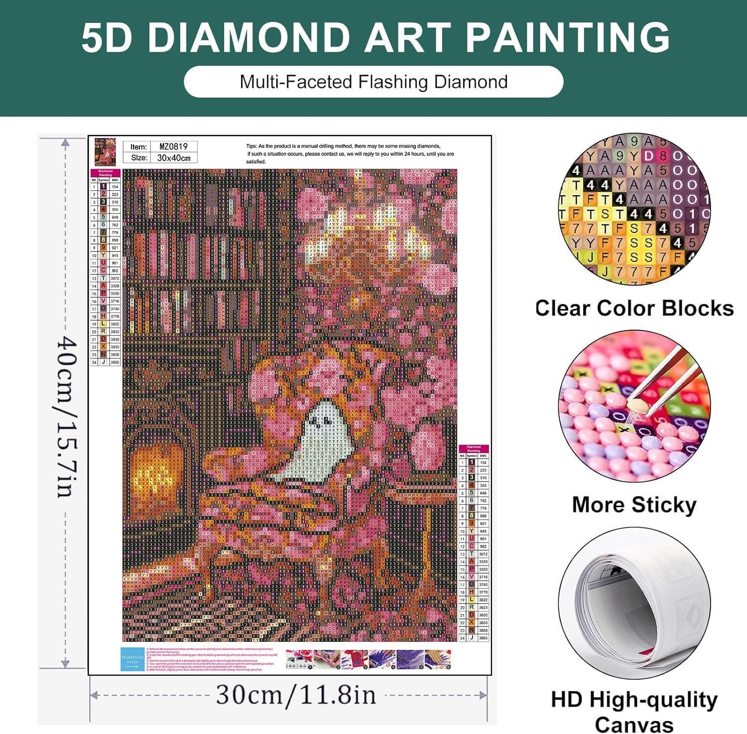 Diamond painting kit showing a ghost in a library, with color chart and size dimensions.