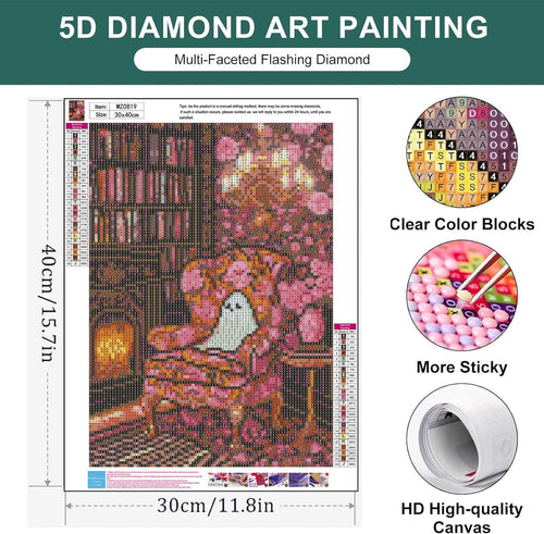 Diamond painting kit showing a ghost in a library, with color chart and size dimensions.