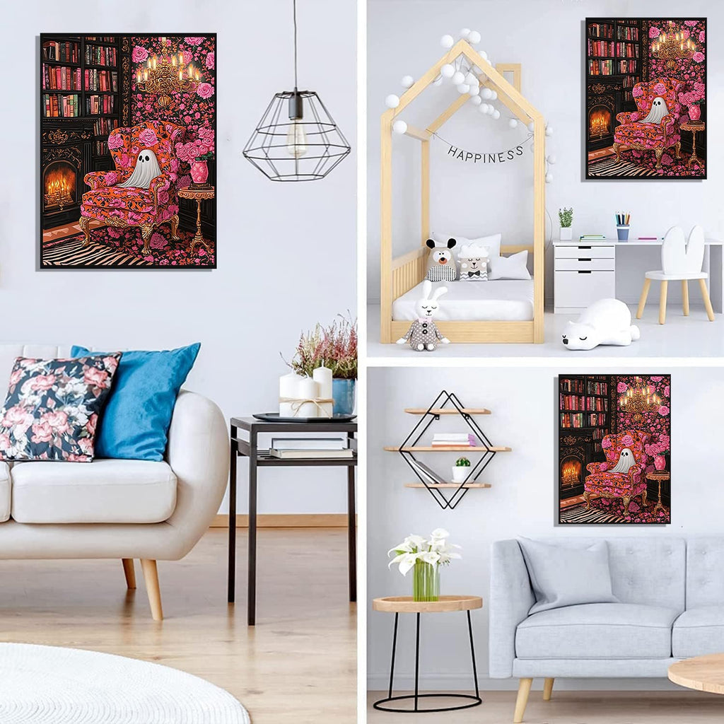 Diamond art kit featuring a ghost sitting in a floral armchair by a fireplace, displayed in multiple home settings.