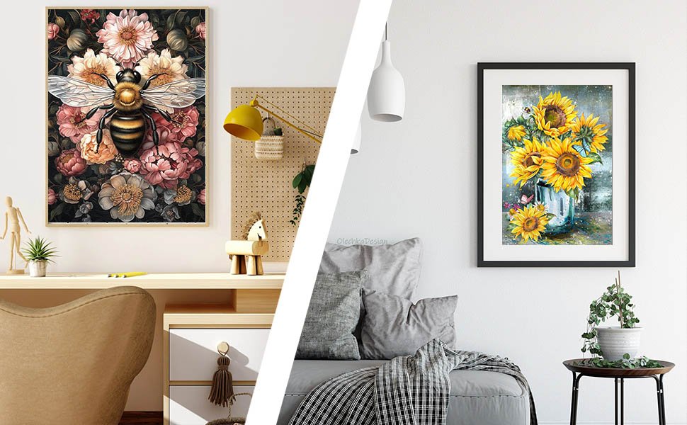 Two framed diamond paintings, one of a bee on flowers and another of sunflowers in a vase, displayed in home decor settings.